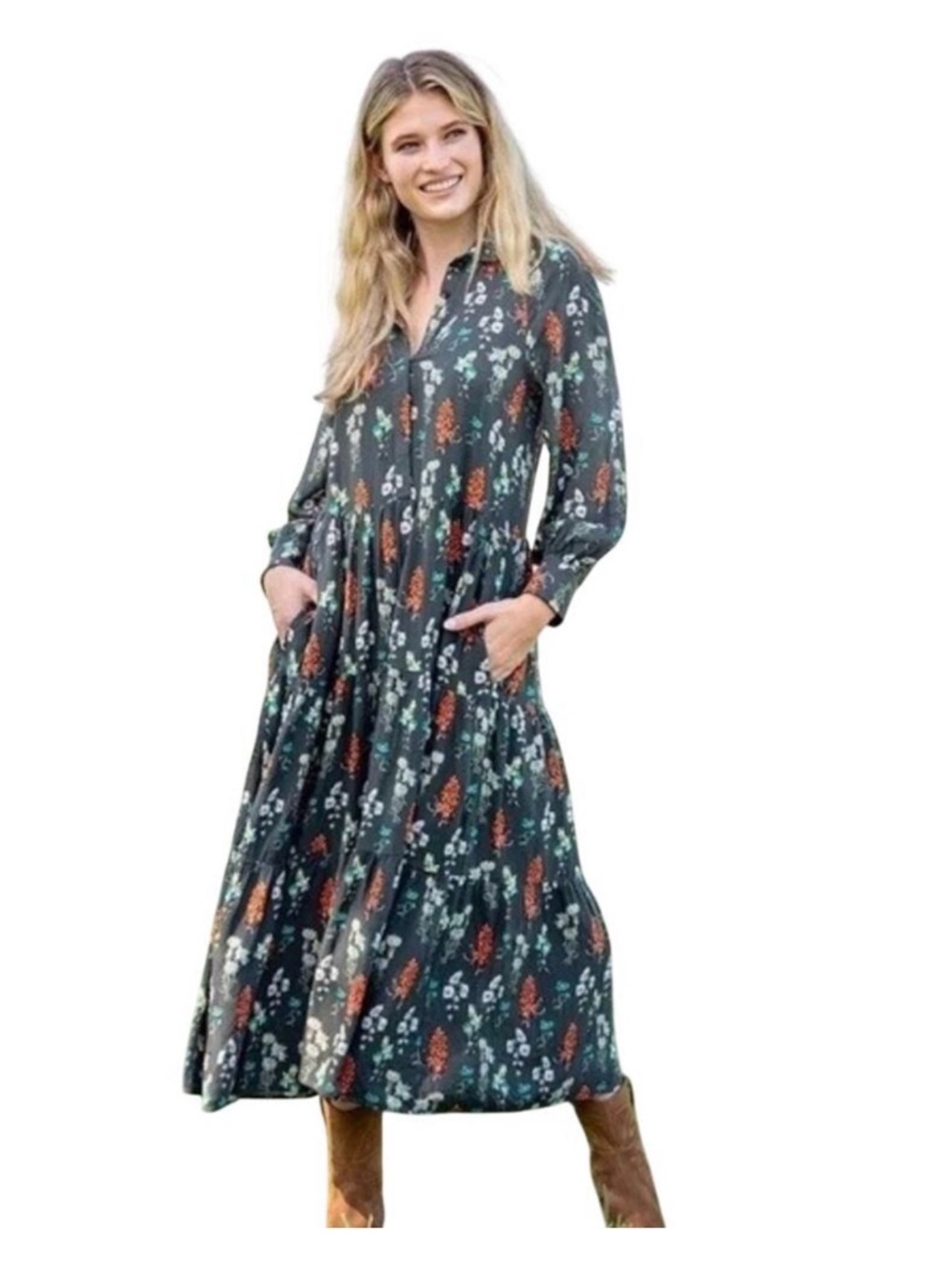 NATURAL LIFE Forest Green Floral Maxi Dress with Rust and Cream Details